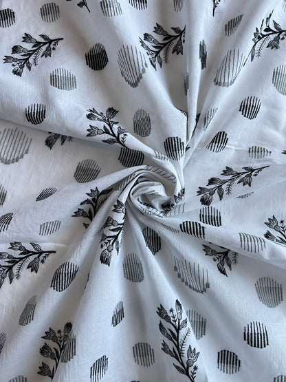 White and Black Floral Embroiderd Cotton Voile Fabric