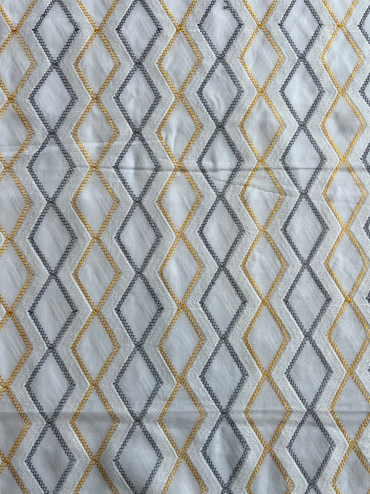 White and Yellow Geometrical Embroidery Cotton Voile Fabric