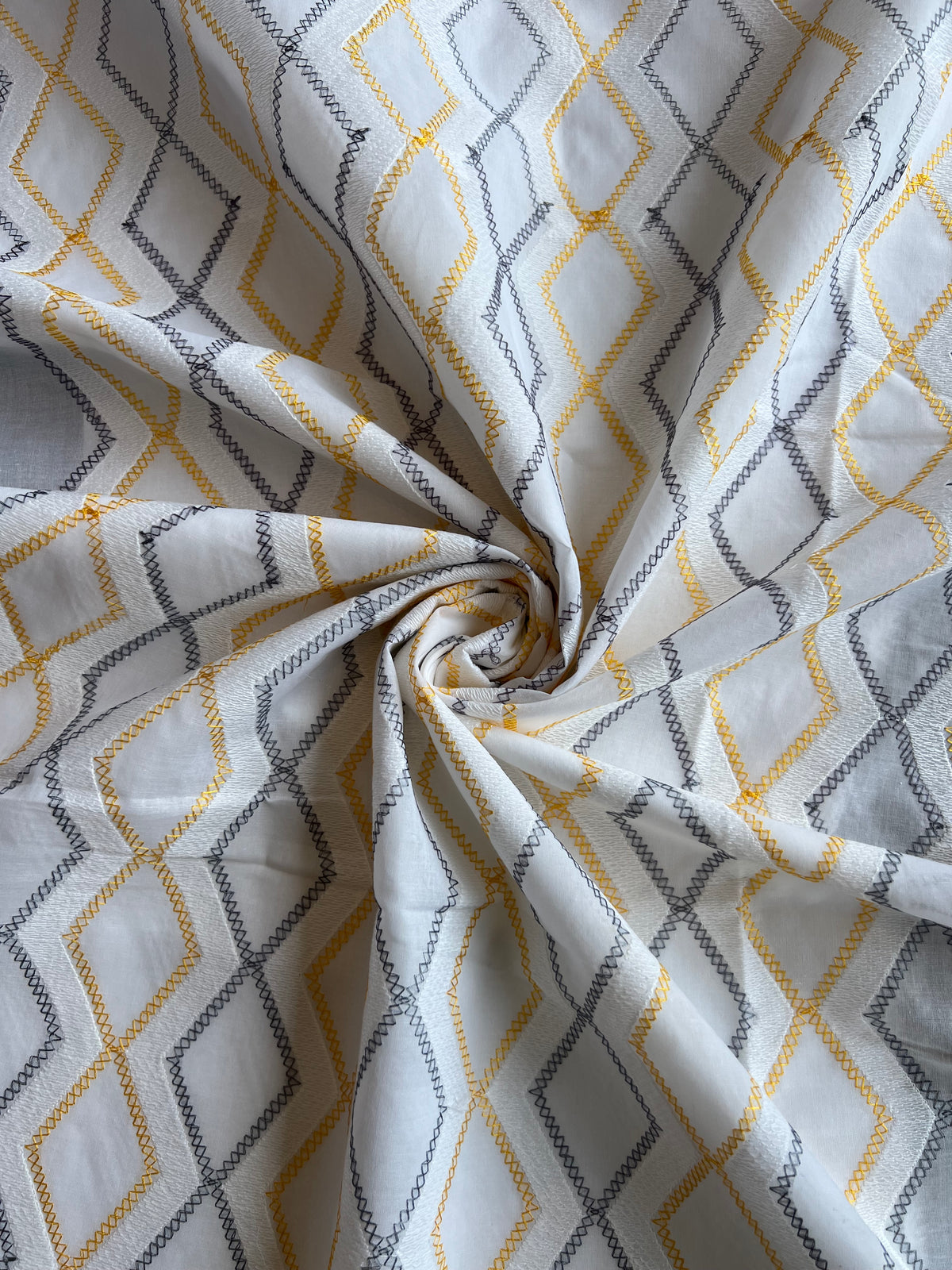 White and Yellow Geometrical Embroidery Cotton Voile Fabric