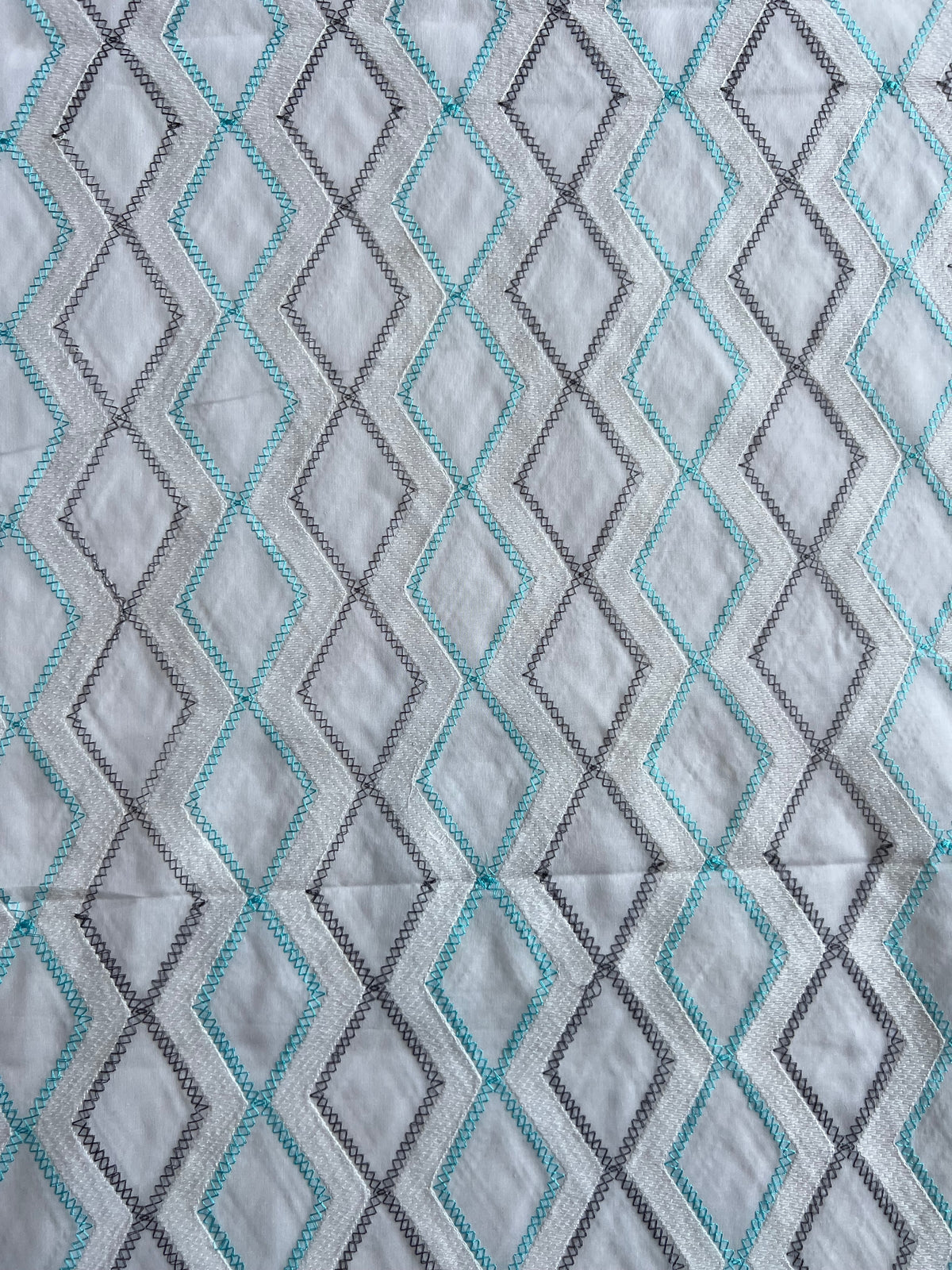 White and Blue Geometrical Embroidery Cotton Voile Fabric