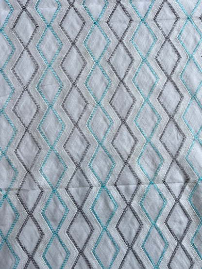 White and Blue Geometrical Embroidery Cotton Voile Fabric
