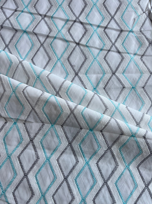 White and Blue Geometrical Embroidery Cotton Voile Fabric