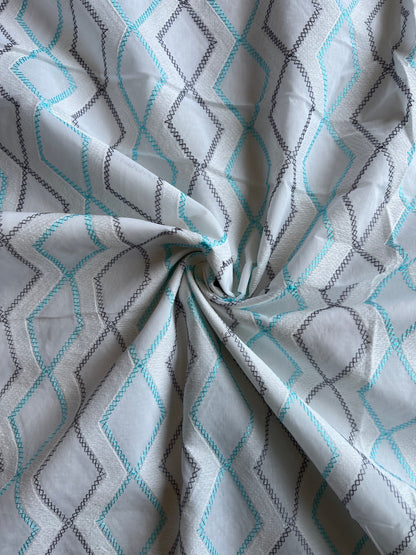 White and Blue Geometrical Embroidery Cotton Voile Fabric