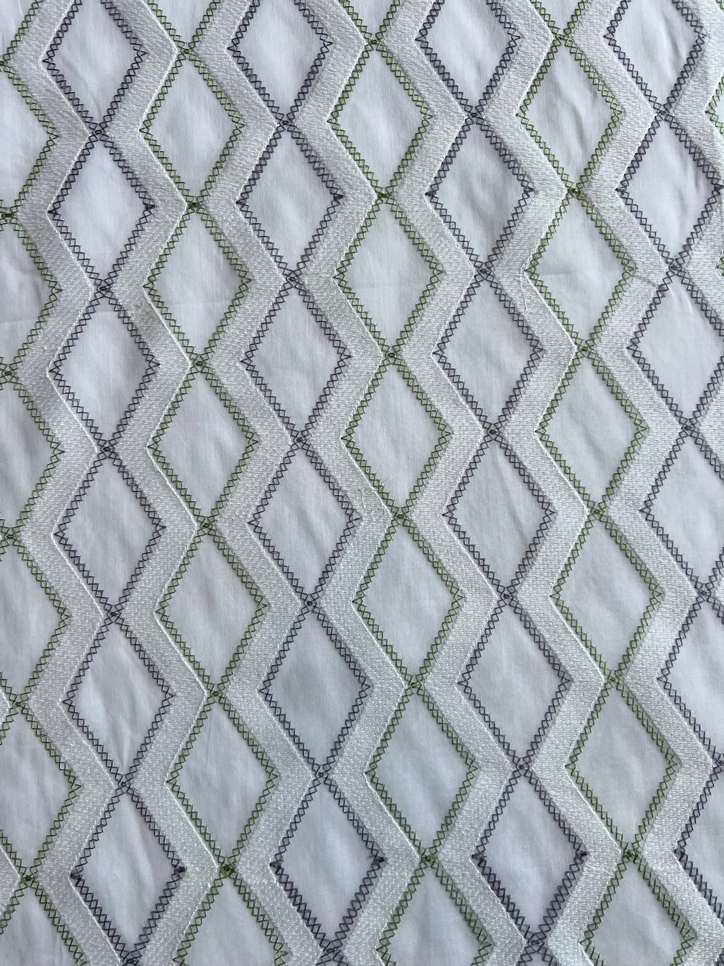 White and Green Geometrical Embroidery Cotton Voile Fabric