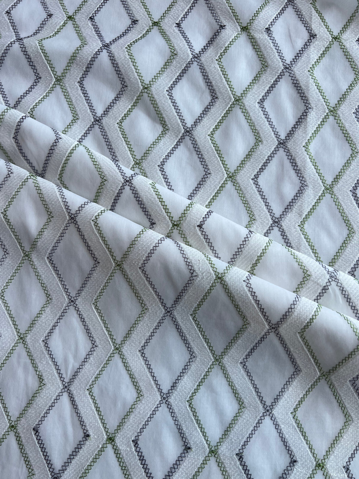 White and Green Geometrical Embroidery Cotton Voile Fabric