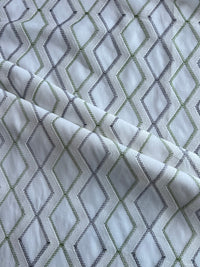 White and Green Geometrical Embroidery Cotton Voile Fabric