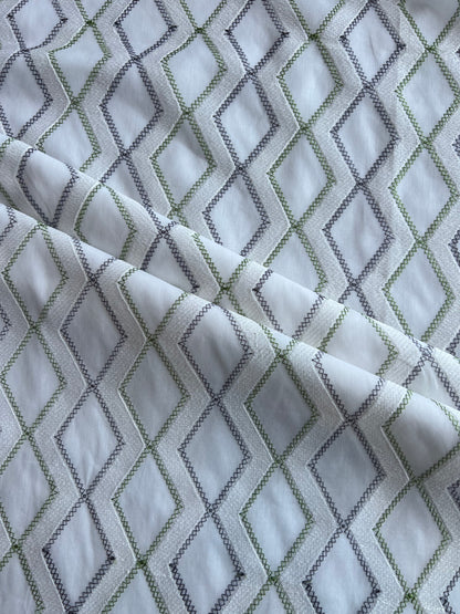 White and Green Geometrical Embroidery Cotton Voile Fabric