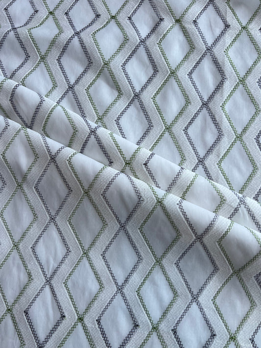 White and Green Geometrical Embroidery Cotton Voile Fabric