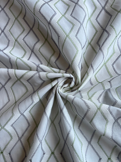 White and Green Geometrical Embroidery Cotton Voile Fabric