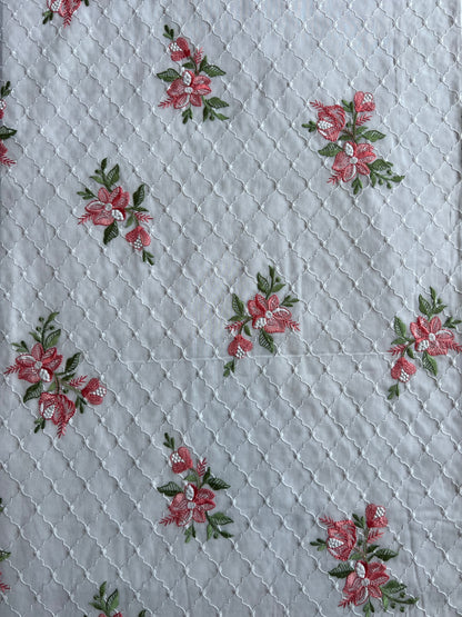 White and Peach Floral Embroidered Cotton Fabric