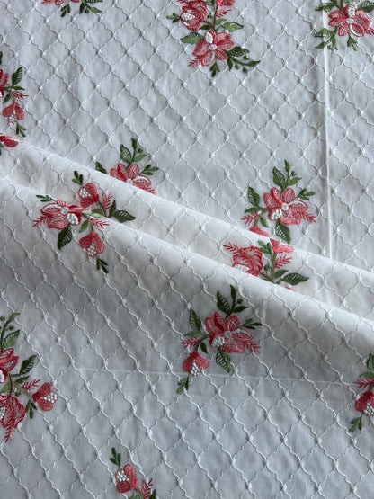 White and Peach Floral Embroidered Cotton Fabric
