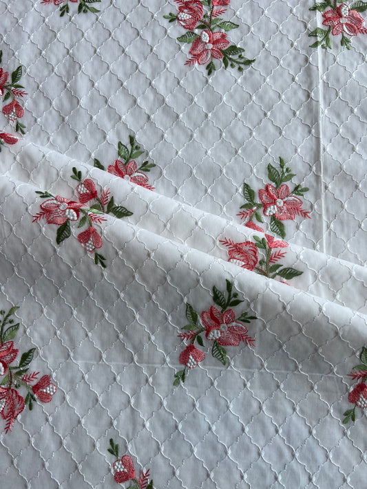 White and Peach Floral Embroidered Cotton Fabric