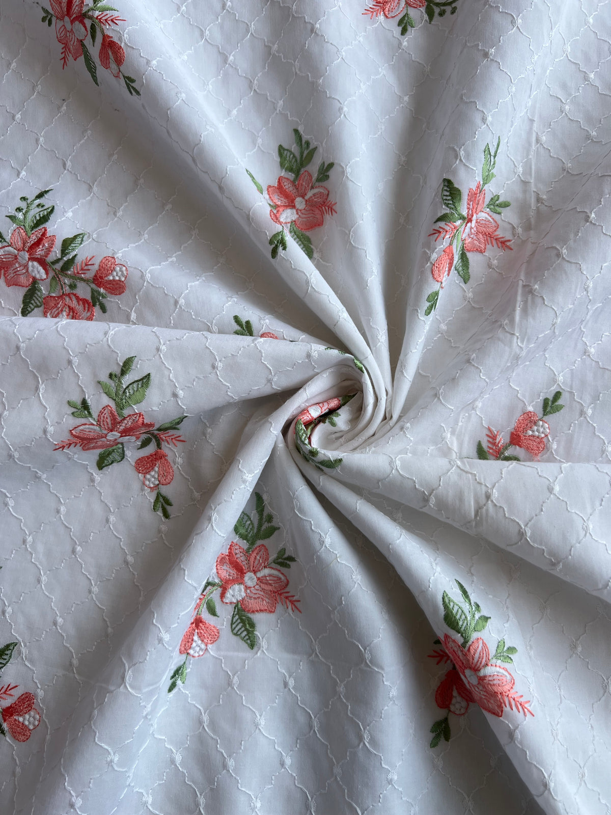 White and Peach Floral Embroidered Cotton Fabric
