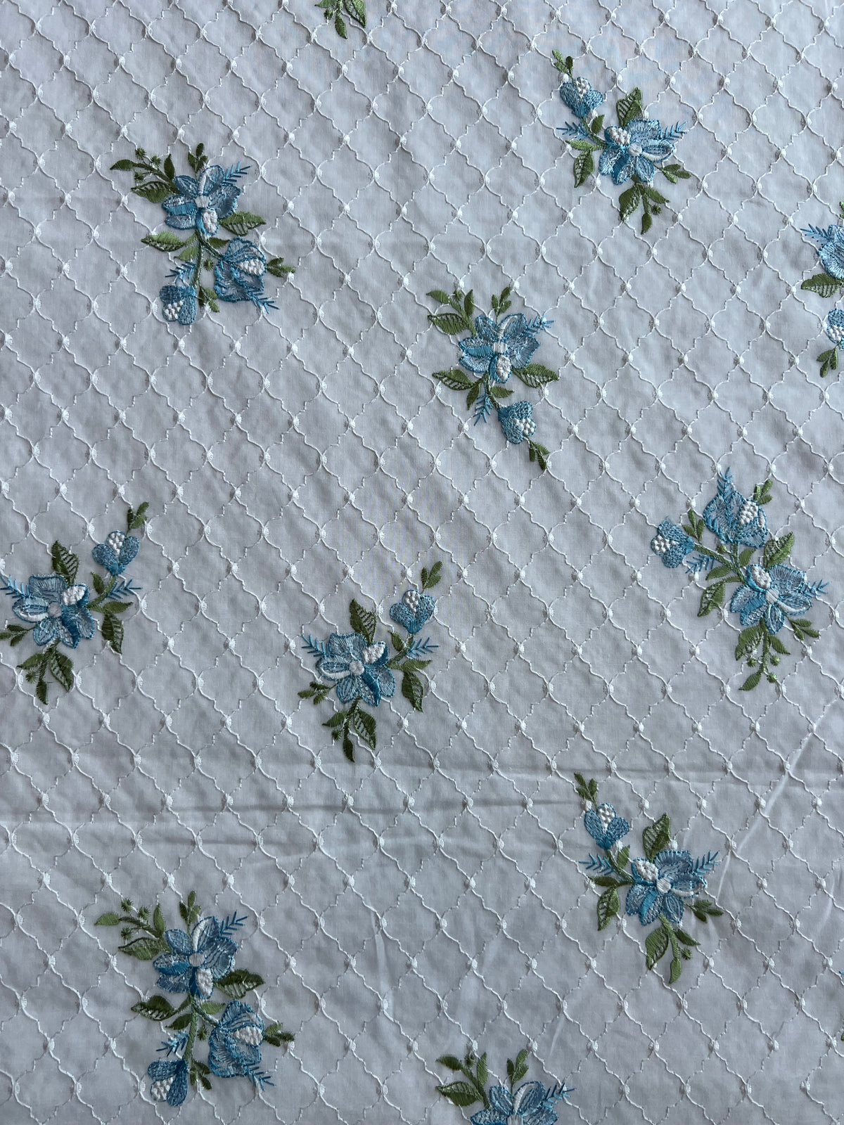 White and Blue Floral Embroidered Cotton Fabric