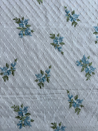 White and Blue Floral Embroidered Cotton Fabric