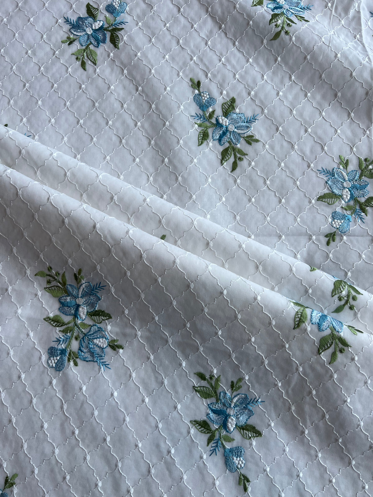 White and Blue Floral Embroidered Cotton Fabric