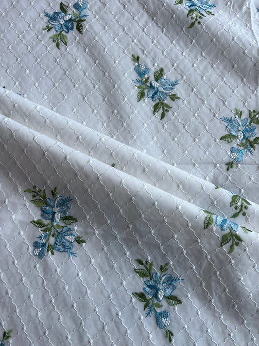 White and Blue Floral Embroidered Cotton Fabric