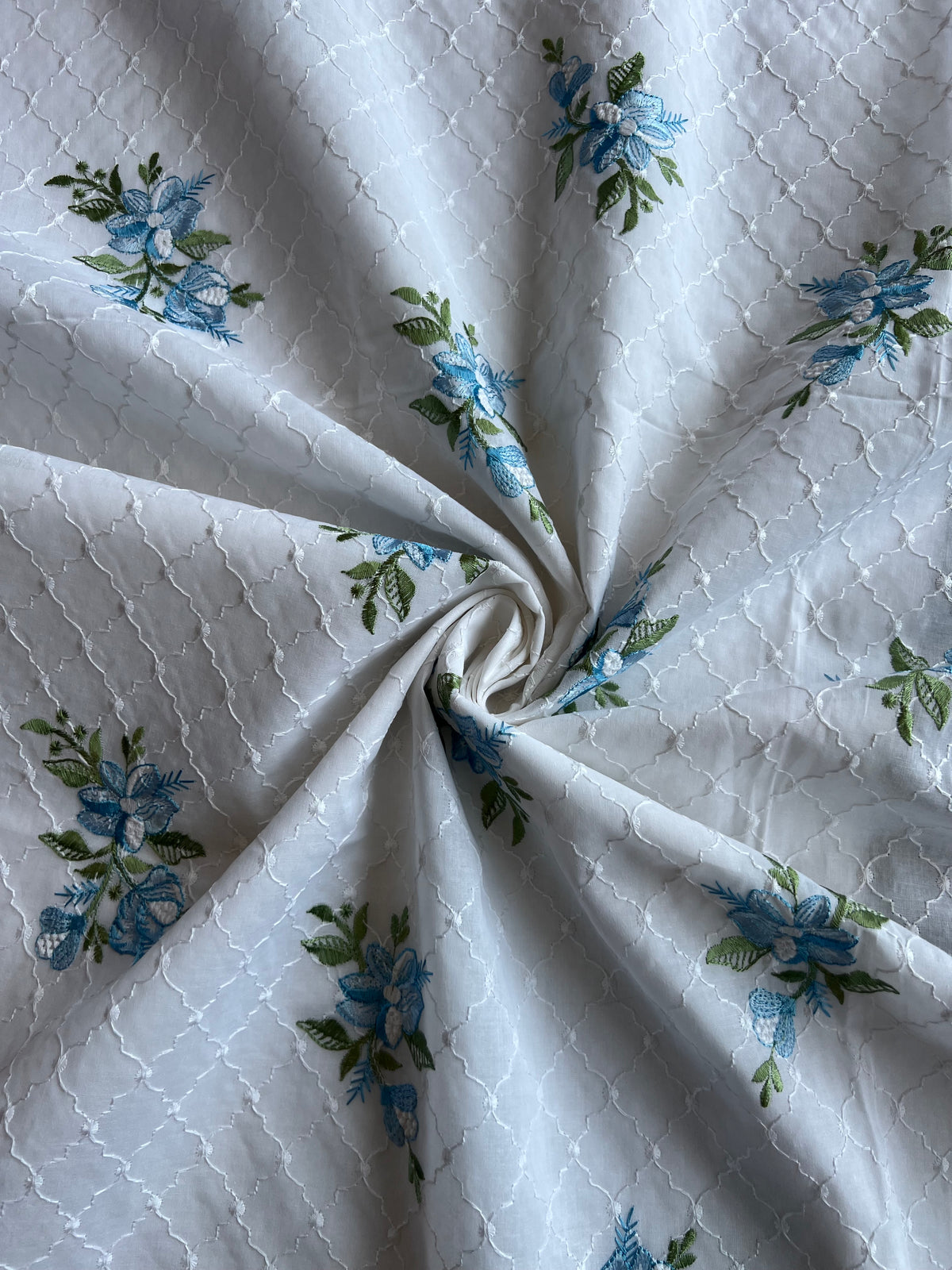 White and Blue Floral Embroidered Cotton Fabric