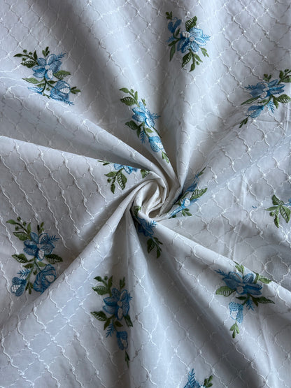 White and Blue Floral Embroidered Cotton Fabric