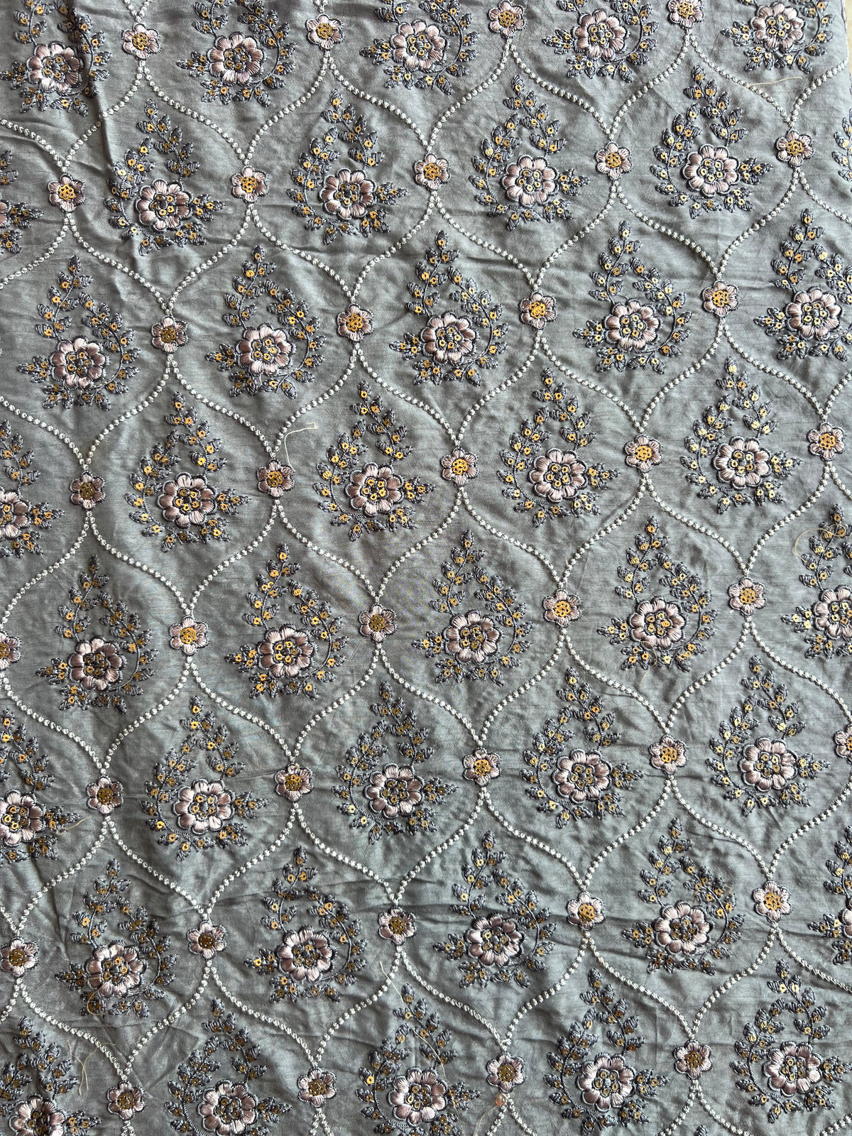 Grey Sequence Mughal Jaal Embroidered Silk Fabric