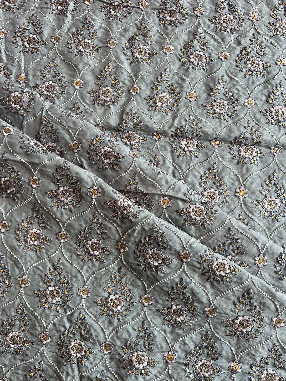 Grey Sequence Mughal Jaal Embroidered Silk Fabric