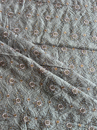 Grey Sequence Mughal Jaal Embroidered Silk Fabric