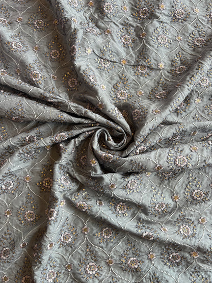 Grey Sequence Mughal Jaal Embroidered Silk Fabric