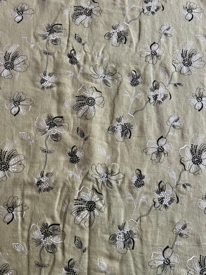 Green Floral Embroidered Pure Linen Fabric