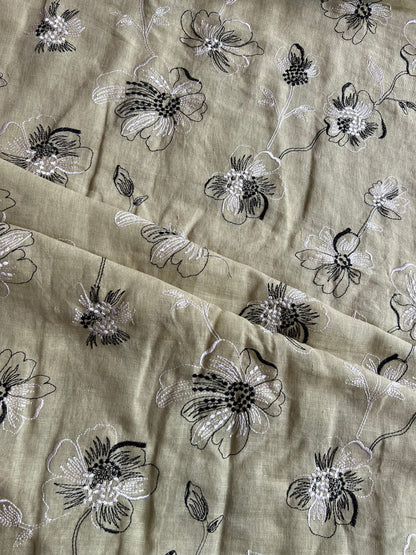 Green Floral Embroidered Pure Linen Fabric
