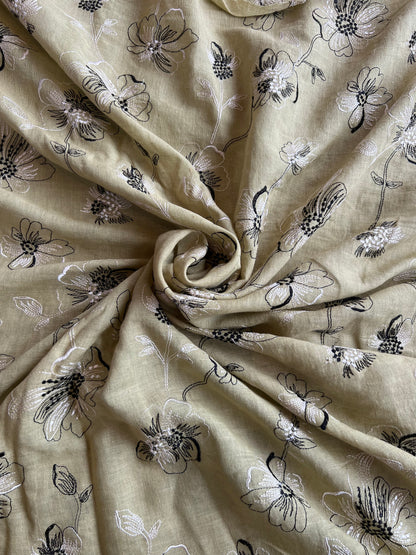 Green Floral Embroidered Pure Linen Fabric
