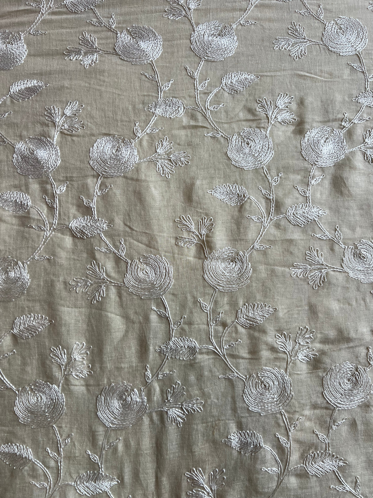 Beige Floral Embroidery Pure Linen Fabric