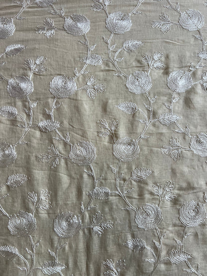Beige Floral Embroidery Pure Linen Fabric