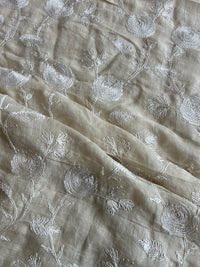 Beige Floral Embroidery Pure Linen Fabric