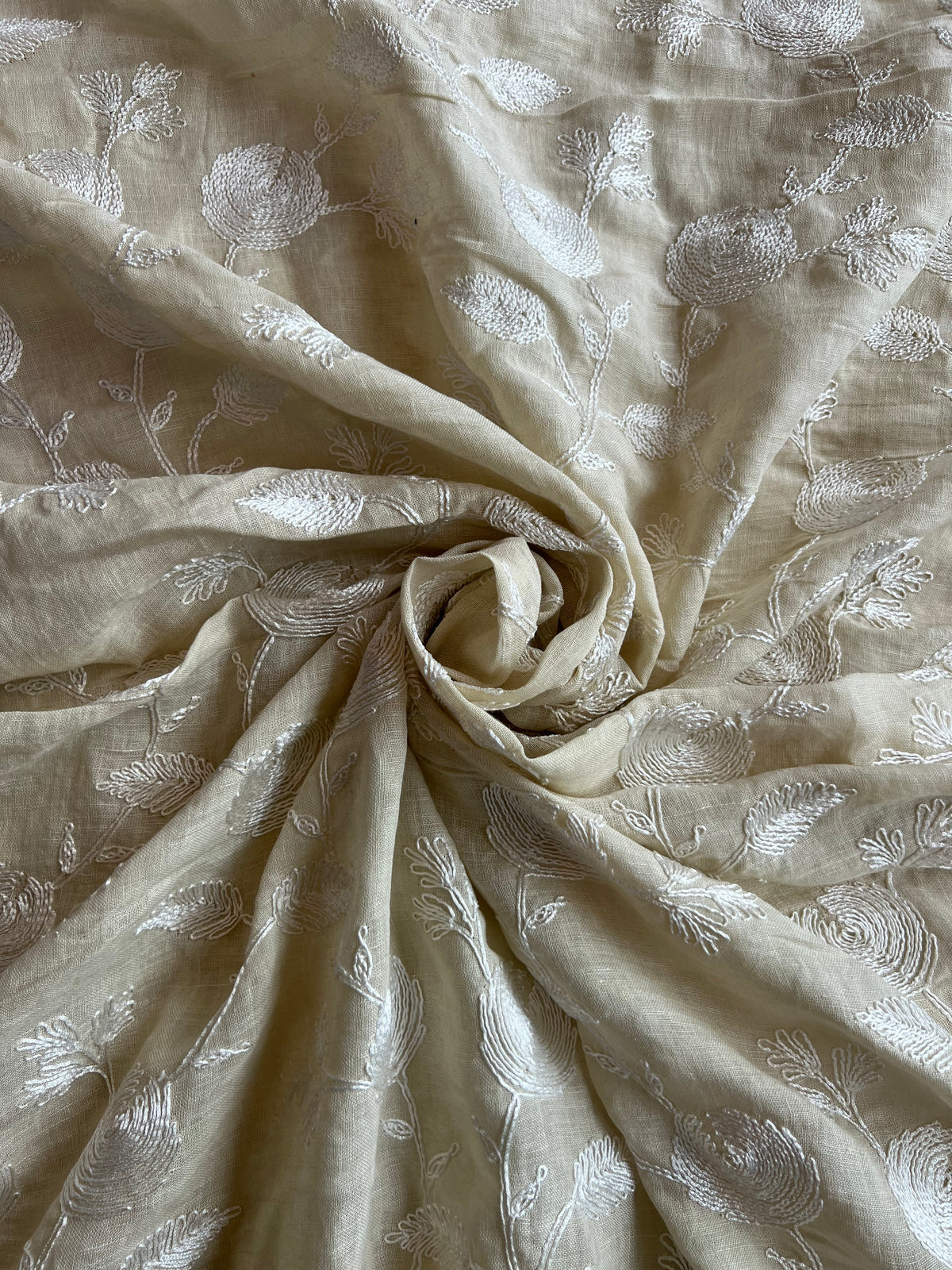 Beige Floral Embroidery Pure Linen Fabric