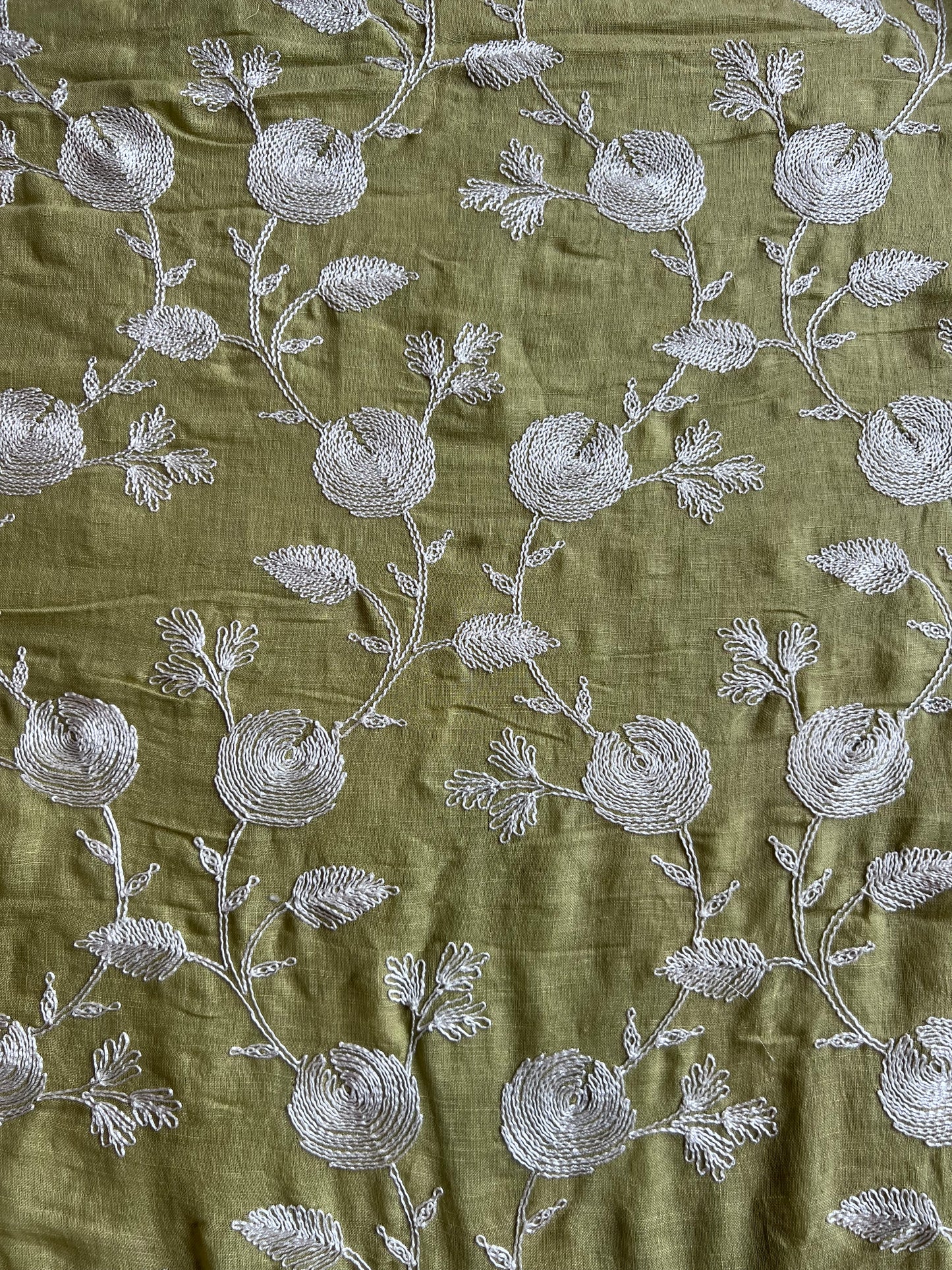 Green Floral Embroidery Pure Linen Fabric