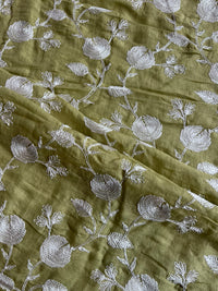 Green Floral Embroidery Pure Linen Fabric
