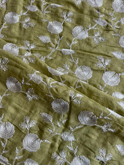 Green Floral Embroidery Pure Linen Fabric