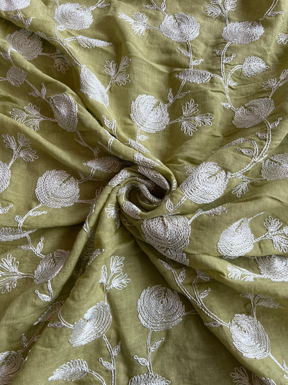 Green Floral Embroidery Pure Linen Fabric