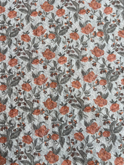 White All Over Embroidery with Floral Print Cotton Fabric