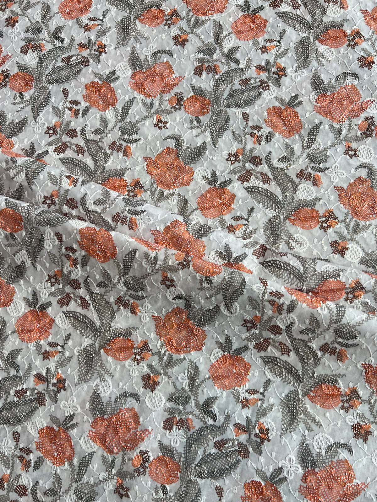 White All Over Embroidery with Floral Print Cotton Fabric