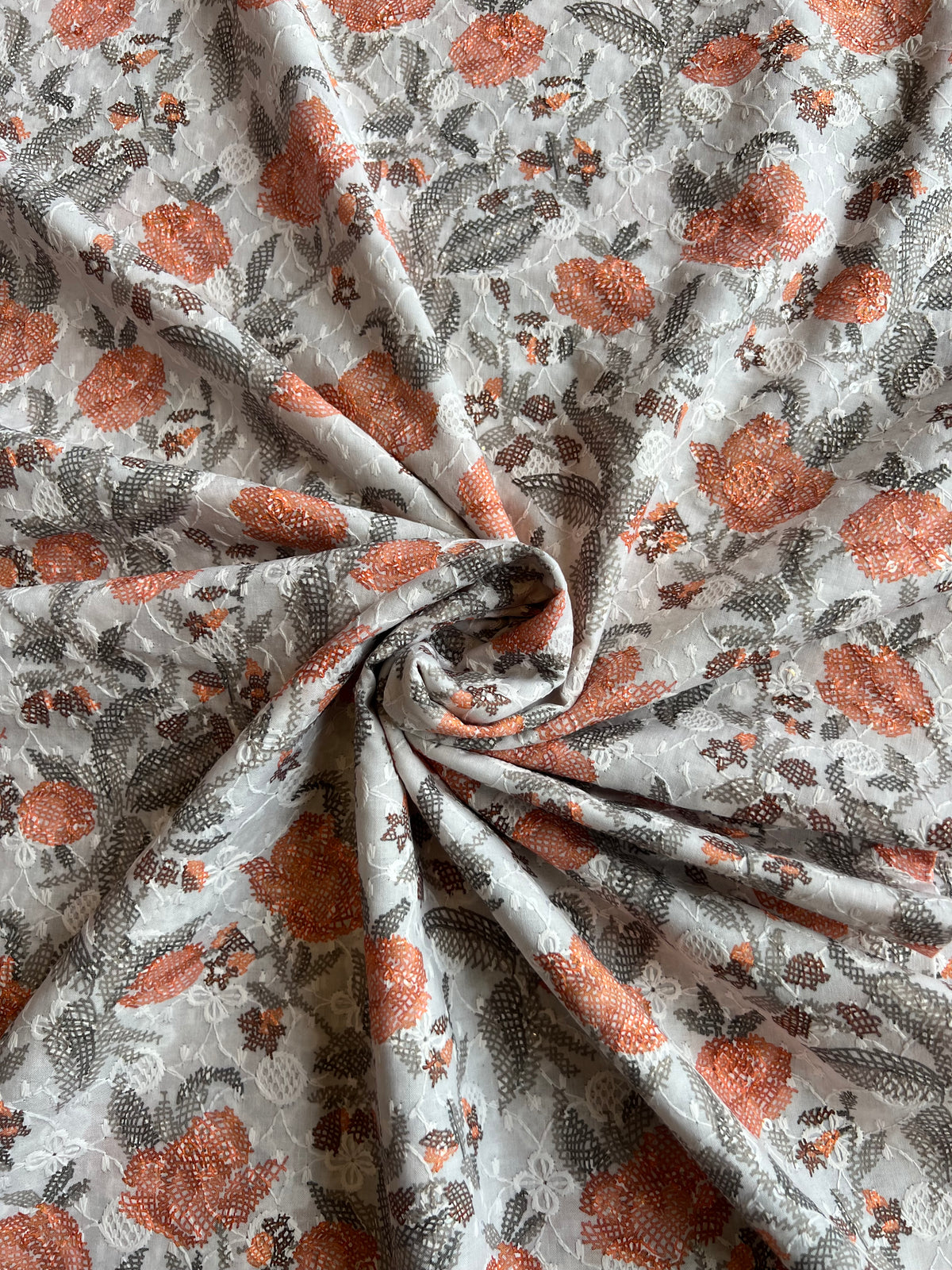 White All Over Embroidery with Floral Print Cotton Fabric