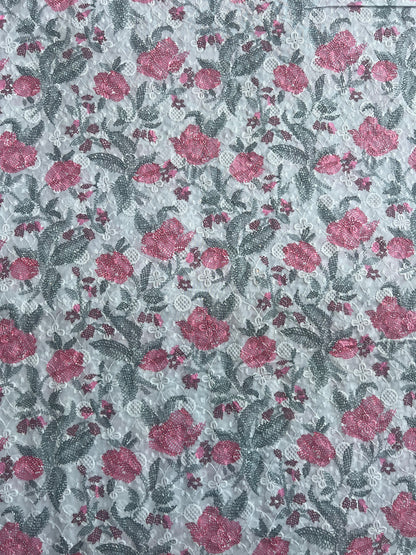 Blue All Over Embroidery with Floral Print Cotton Fabric
