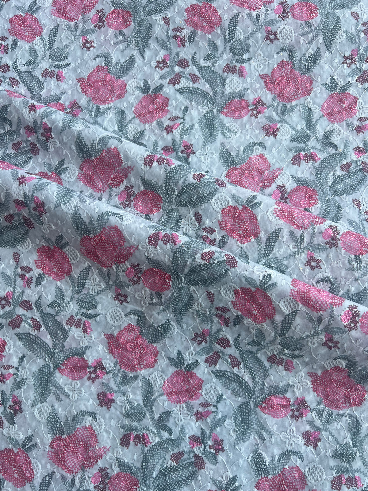 Blue All Over Embroidery with Floral Print Cotton Fabric