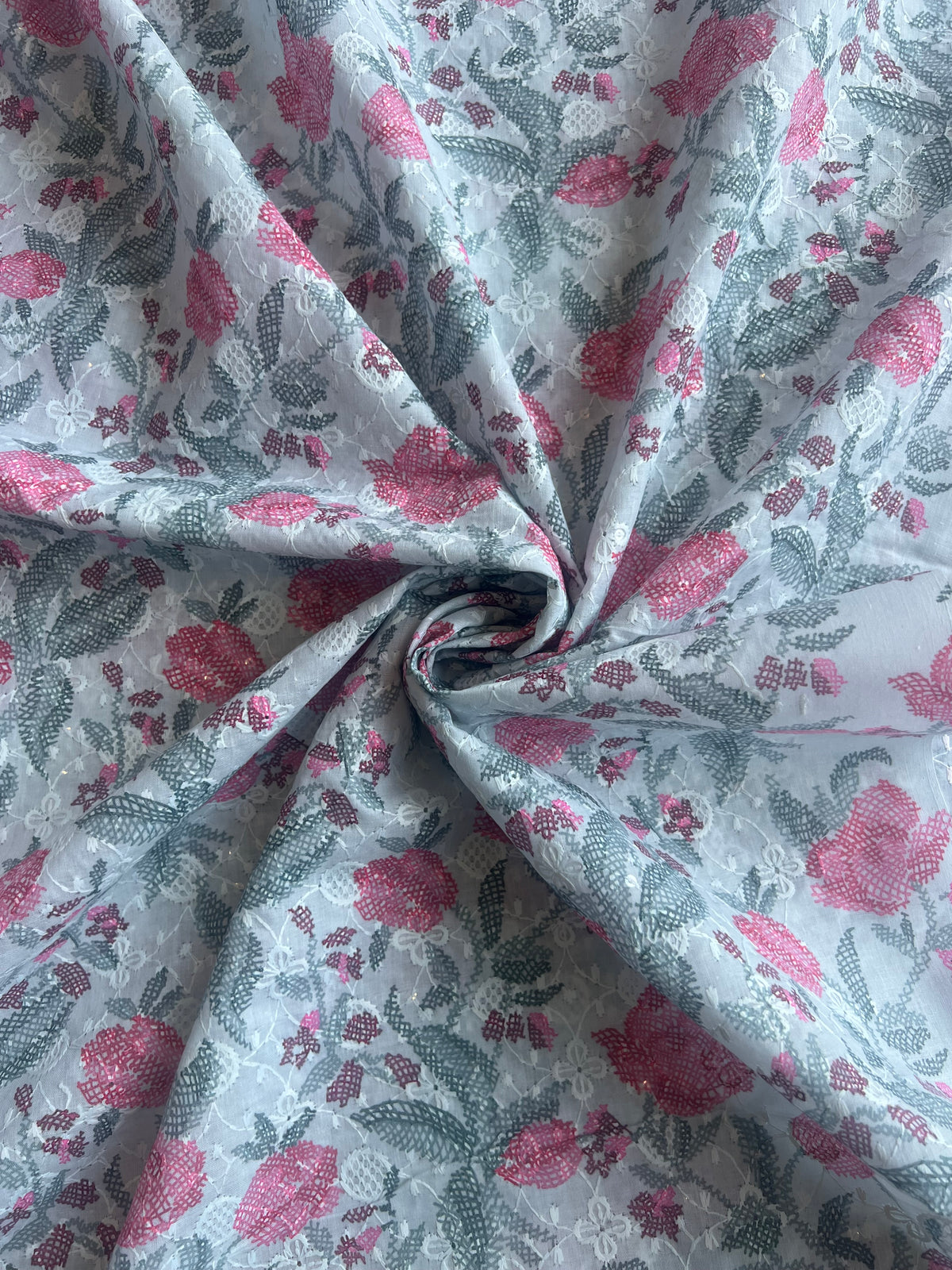 Blue All Over Embroidery with Floral Print Cotton Fabric