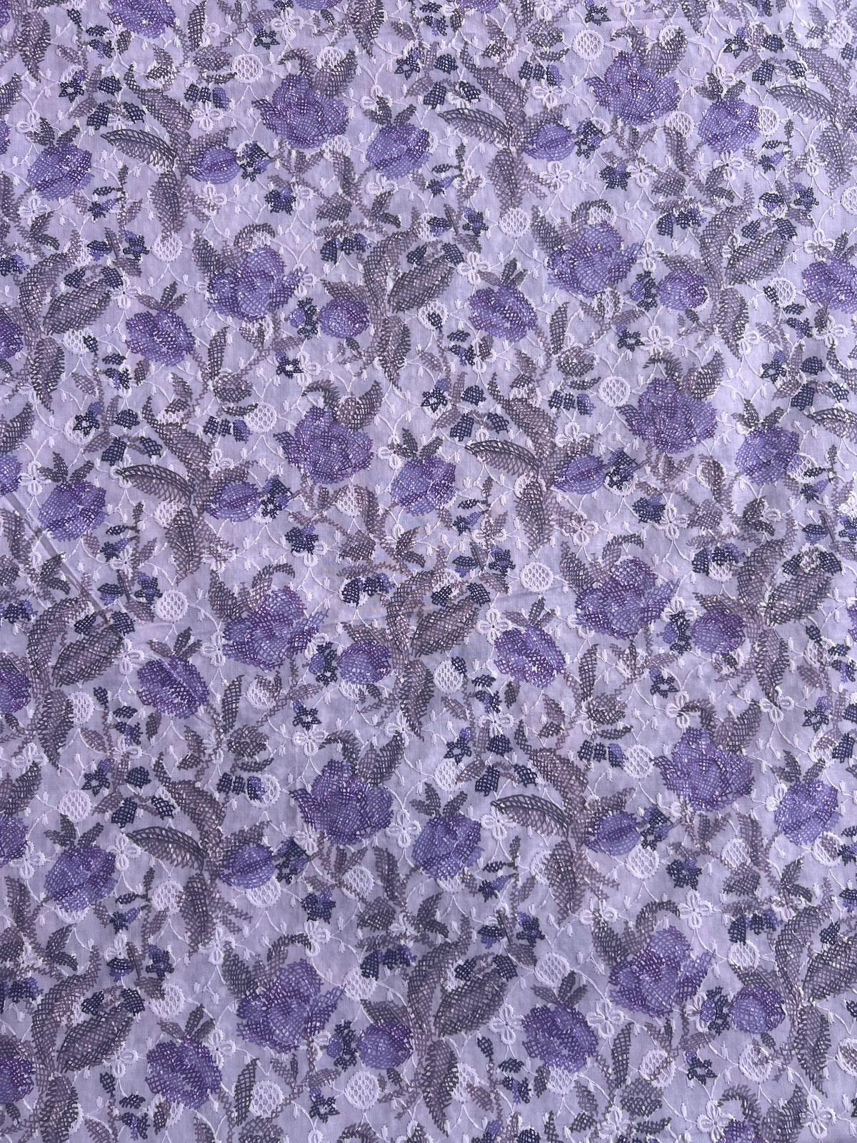 Purple All Over Embroidery with Floral Print Cotton Fabric