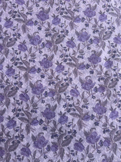 Purple All Over Embroidery with Floral Print Cotton Fabric
