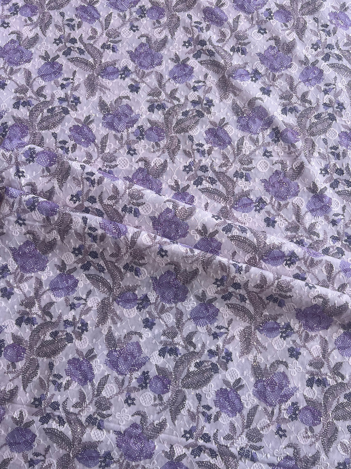 Purple All Over Embroidery with Floral Print Cotton Fabric
