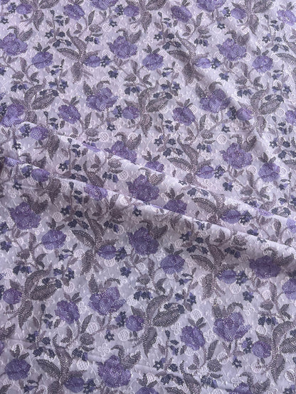 Purple All Over Embroidery with Floral Print Cotton Fabric