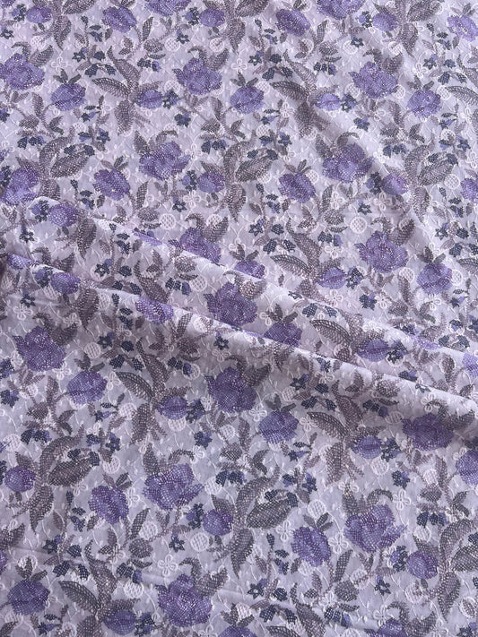 Purple All Over Embroidery with Floral Print Cotton Fabric
