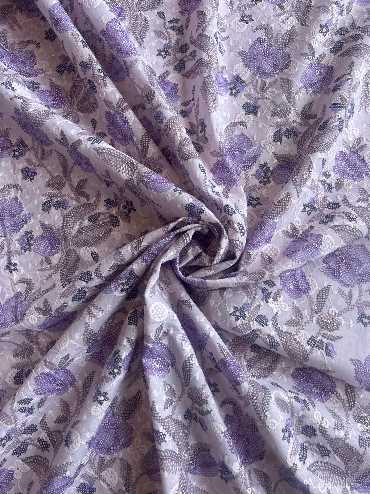 Purple All Over Embroidery with Floral Print Cotton Fabric